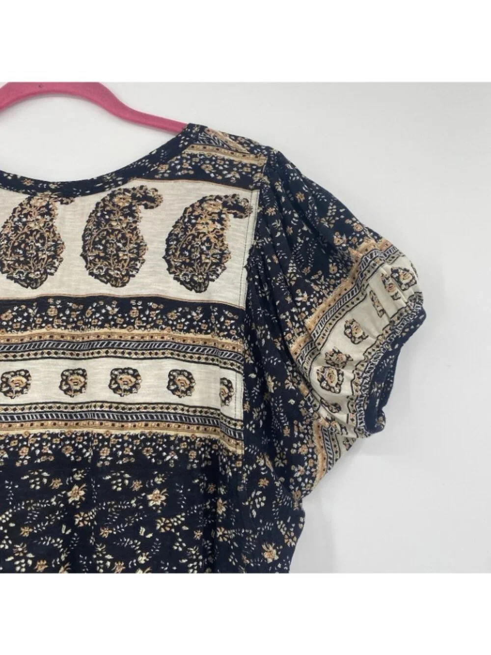 Free People Size M Paisley Puff Sleeve High Neck Black Low Scoop Back Shirt Top